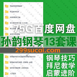 13套孙韵钢琴教学系列视频课程75G百度网盘资源合集,包含车尔尼练习曲/巴赫初级钢琴曲集/拜厄教学/布格缪勒练习曲/钢琴技巧大师课……等