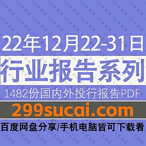 2022年12月22-31日国内外各行业机构投资研究报告PDF资源百度网盘合集,包含1482份国内券商报告/国际投行报告/行业重点研报……等内容