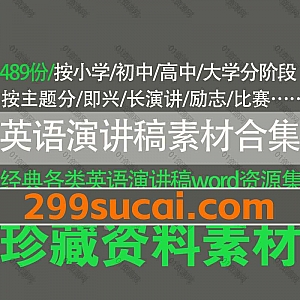 489份各主题英语演讲稿范文模板Word电子版格式网盘资源合集,包含小学初中高中大学全阶段,涵盖自我介绍/各类英语比赛演讲范文…等