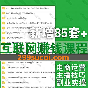 2024年7月新增的85套+互联网副业赚钱小红书淘宝抖音短视频知识博主课程网盘资源合集,包含谜之一/周三顾文学课/张老师拿案源/庄治柱…等