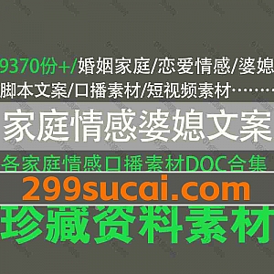 9370份+家庭婚姻情感婆媳关系类短视频直播脚本文案/口播话术素材文档DOC格式电子版百度网盘资源合集