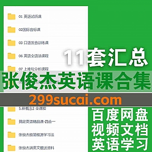 11套张俊杰英语视频课程+电子版讲义网盘资源合集,包含国际音标/口语发音训练/新概念/英语语法/长难句分析/极简根源…等