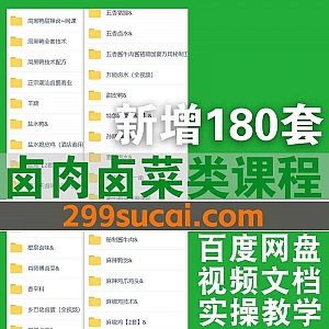 180套卤肉卤菜凉菜餐饮制作视频教程+配方电子版273G网盘资源合集,包含周黑鸭/盐水鸭/潮汕卤鹅/现捞卤菜/五香猪蹄…等