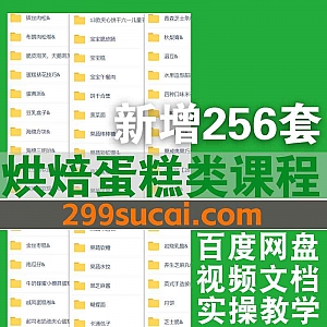 256套烘焙蛋糕制作视频教程+配方电子版240G网盘资源合集,包含鲜奶泡芙/枣豆糕/千层盒子/肉松球/南瓜仔/虎皮蛋糕卷…等