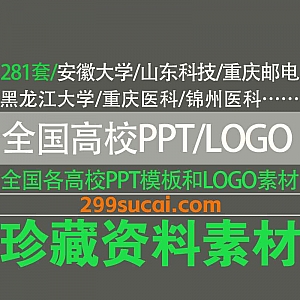 281套全国大学高校PPT模板素材+大学LOGO素材网盘资源合集,包含安徽大学/山东科技大学/重庆邮电大学/黑龙江大学…等