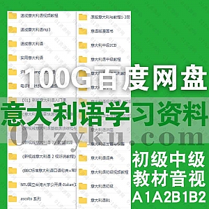 100G意大利语自学学习视频+电子版PDF书籍百度网盘资源合集,包含A1A2B1B2/初级中级/教材配套音视频/发音纠音教学/常用词典……等内容