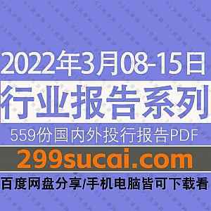 2022年3月08-15日国内外各行业机构投资研究报告PDF资源百度网盘合集,包含559份国内券商报告/国际投行报告/行业重点研报……等内容